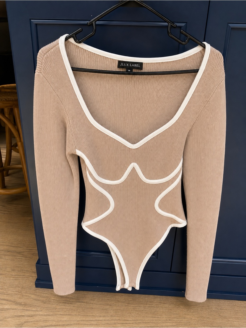 JLUXLABEL Beige Long-Sleeve Contour Bodysuit with White Trim